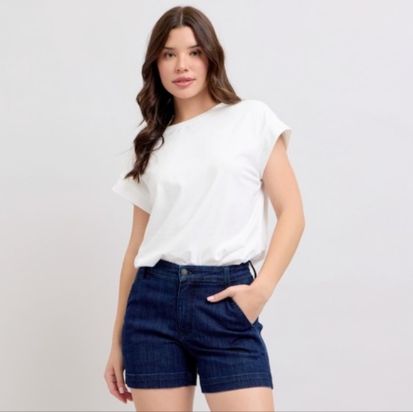 Judy Blue High-Rise Relaxed Boyfriend Dark Jean Mid-length Classic Denim Shorts - Picture 9 of 16
